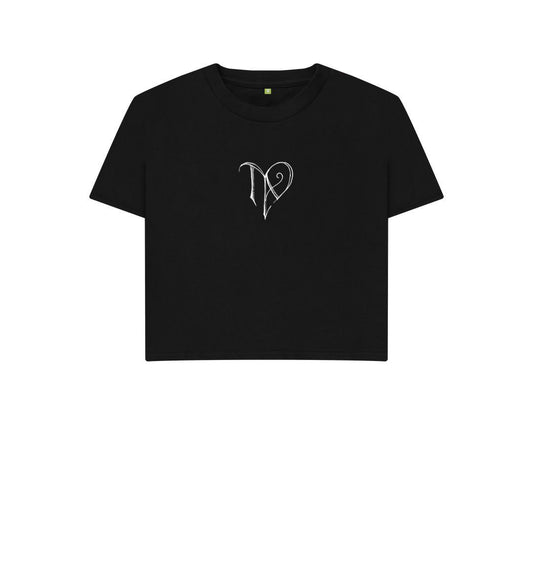 Black TAD logo on black boxy t-shirt