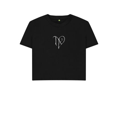 Black TAD logo on black boxy t-shirt