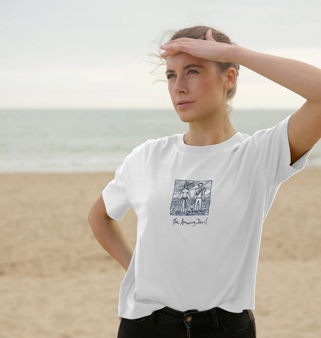 Ink drawing on white boxy t-shirt